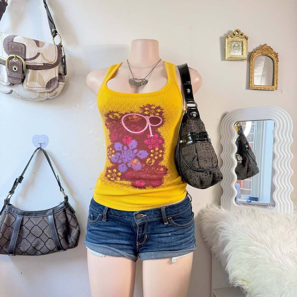 Y2K OP Ocean Pacific Waffle Knit Graphic Racerback Tank Top